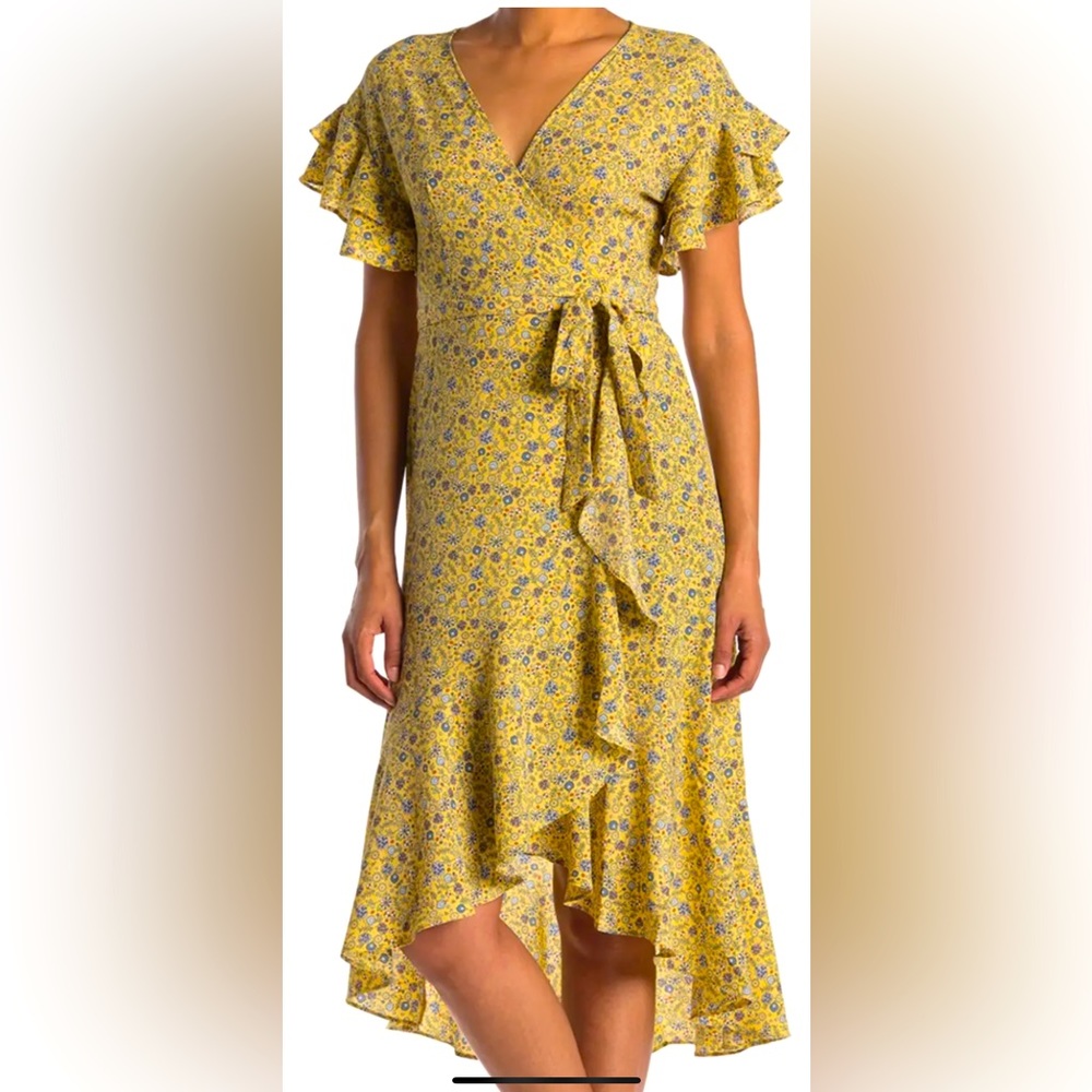 Max Studio printed ruffle wrap midi dress